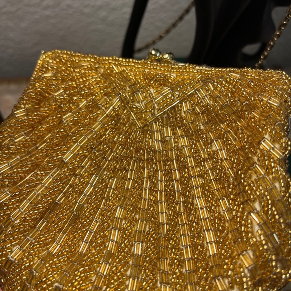 Vintage Gold Beaded HandMade in China Purse Evening Bag Metal Gold Tone Strap - Picture 9 of 9